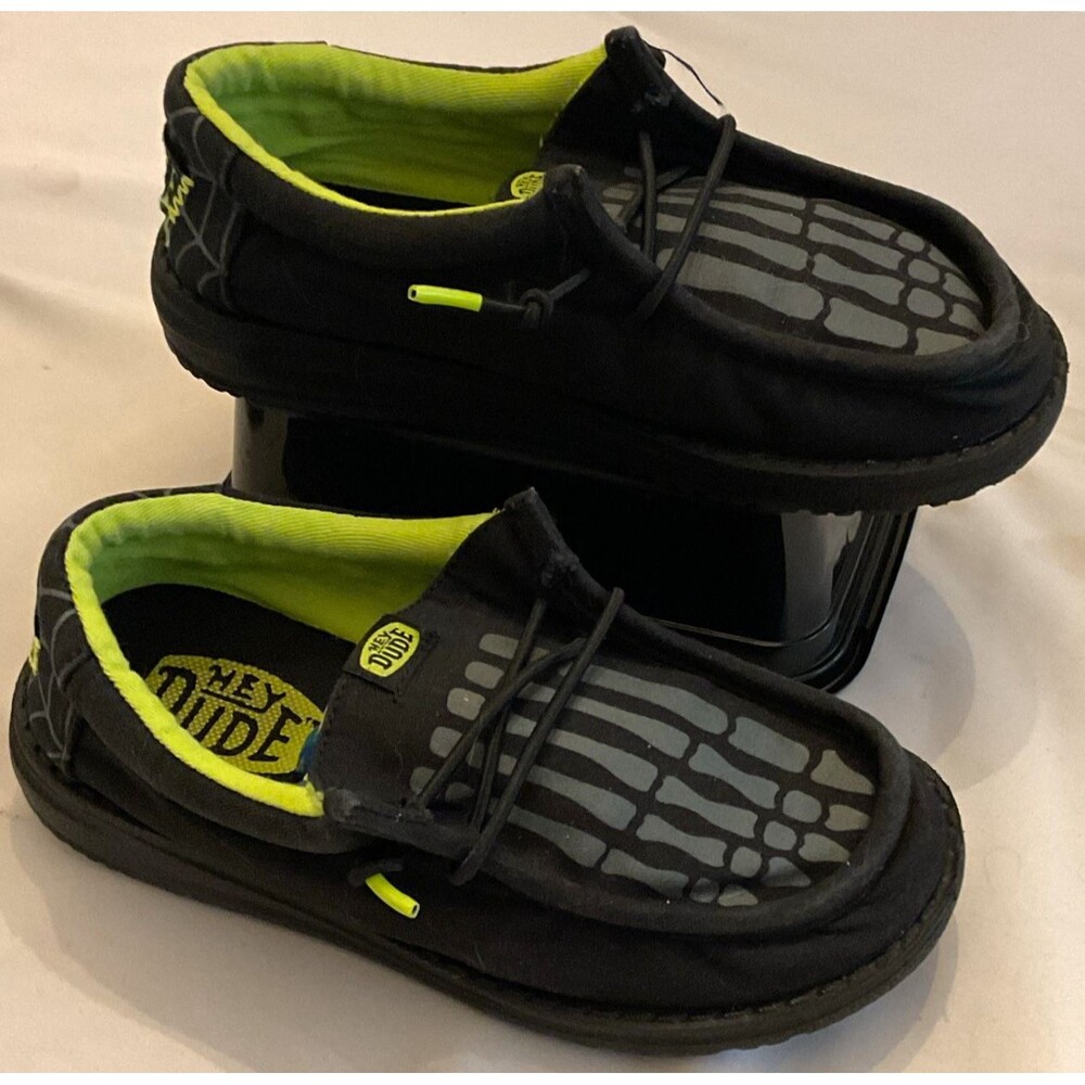 HEYDUDE Kids Wally Skeleton Feet Black Canvas Casual Slip On Shoes Size C12